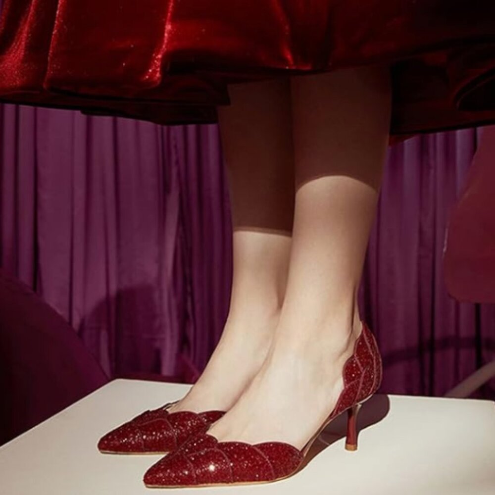 XYD Burgundy Glitter Pointed Toe D'Orsay Kitten Heel Wedding Shoes